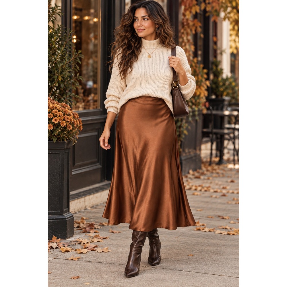 Quince 100% Washable Silk Skirt M Copper Brown Bias Cut Midi Quiet Luxury Autumn